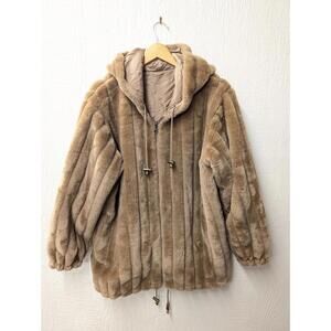 Vintage Komitor Faux Fur Coat Jacket With Hood Pockets Size Medium
